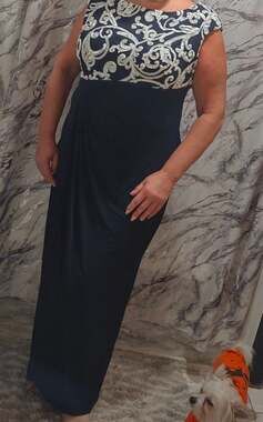 Connected Apparel Navy Blue Soutache Embroidered Faux-Wrap Gown